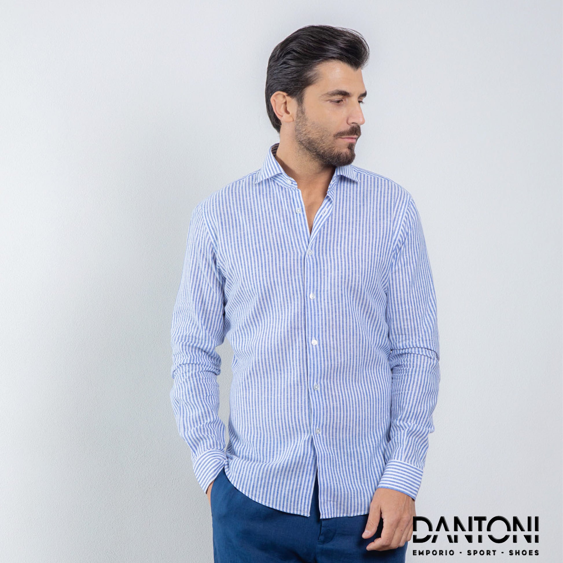 Camicia Lino Blu e Bianca Rigata - Dantoni Shop