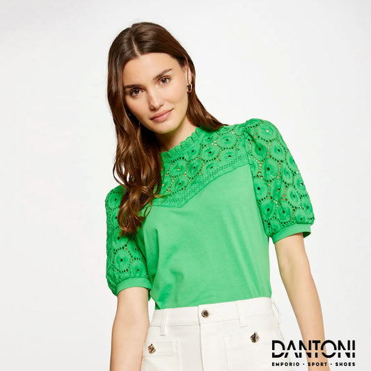 DULIE - Top a collo alto ricamato in cotone | Verde - Dantoni Shop