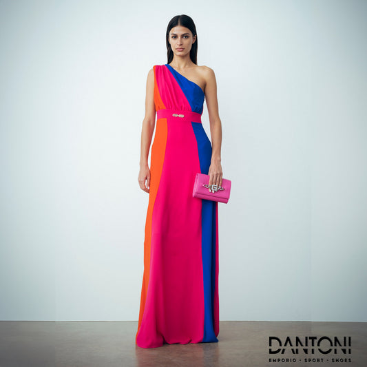 Abito Lungo Monospalla In Crepe Corallo/Fucsia Shocking/Bluette - Gaëlle Paris - Dantoni Shop