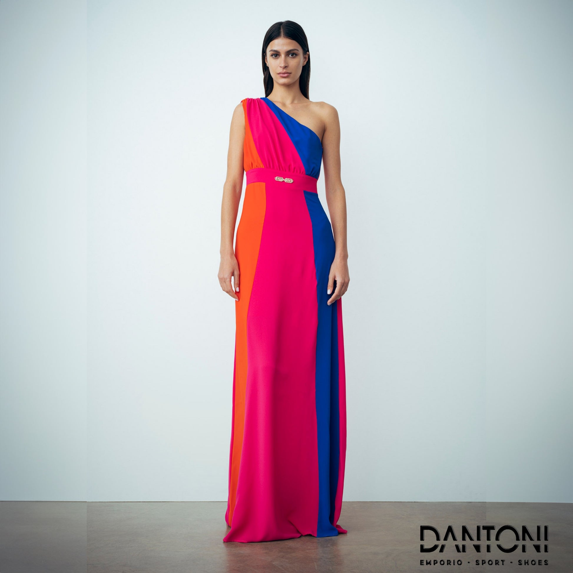Abito Lungo Monospalla In Crepe Corallo/Fucsia Shocking/Bluette - Gaëlle Paris - Dantoni Shop