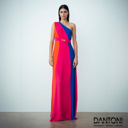 Abito Lungo Monospalla In Crepe Corallo/Fucsia Shocking/Bluette - Gaëlle Paris - Dantoni Shop
